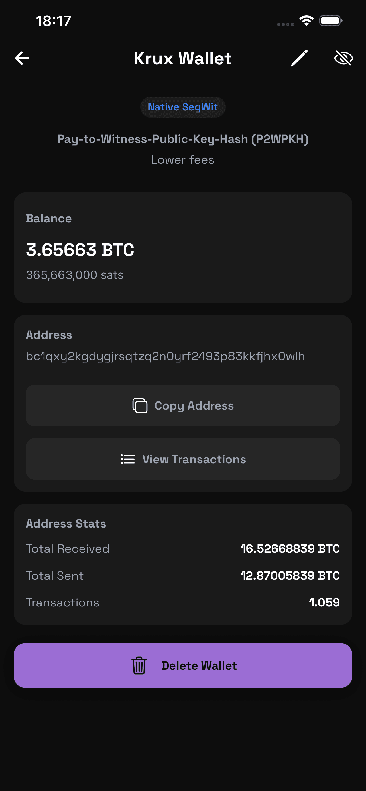 BTC Wallet Tracker — wallet detail screen with balance and address stats